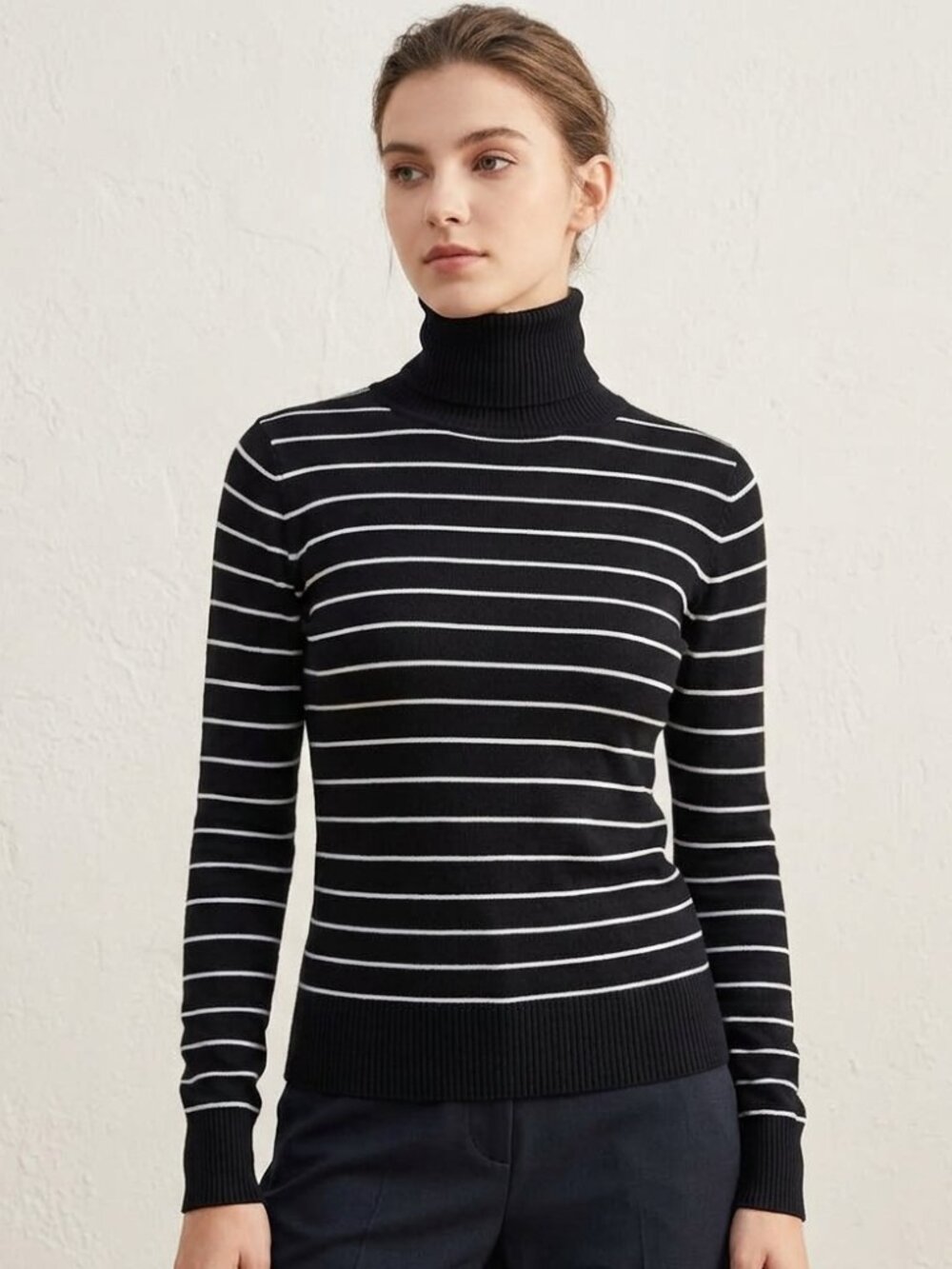 Chic turtleneck black and white striped sweater